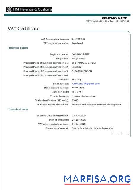Realistic UK VAT certificate Word and PDF template